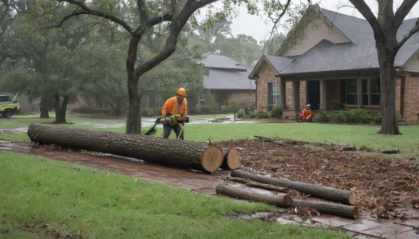 Provider cutting a fallen tree in a Hoover backyard after a storm