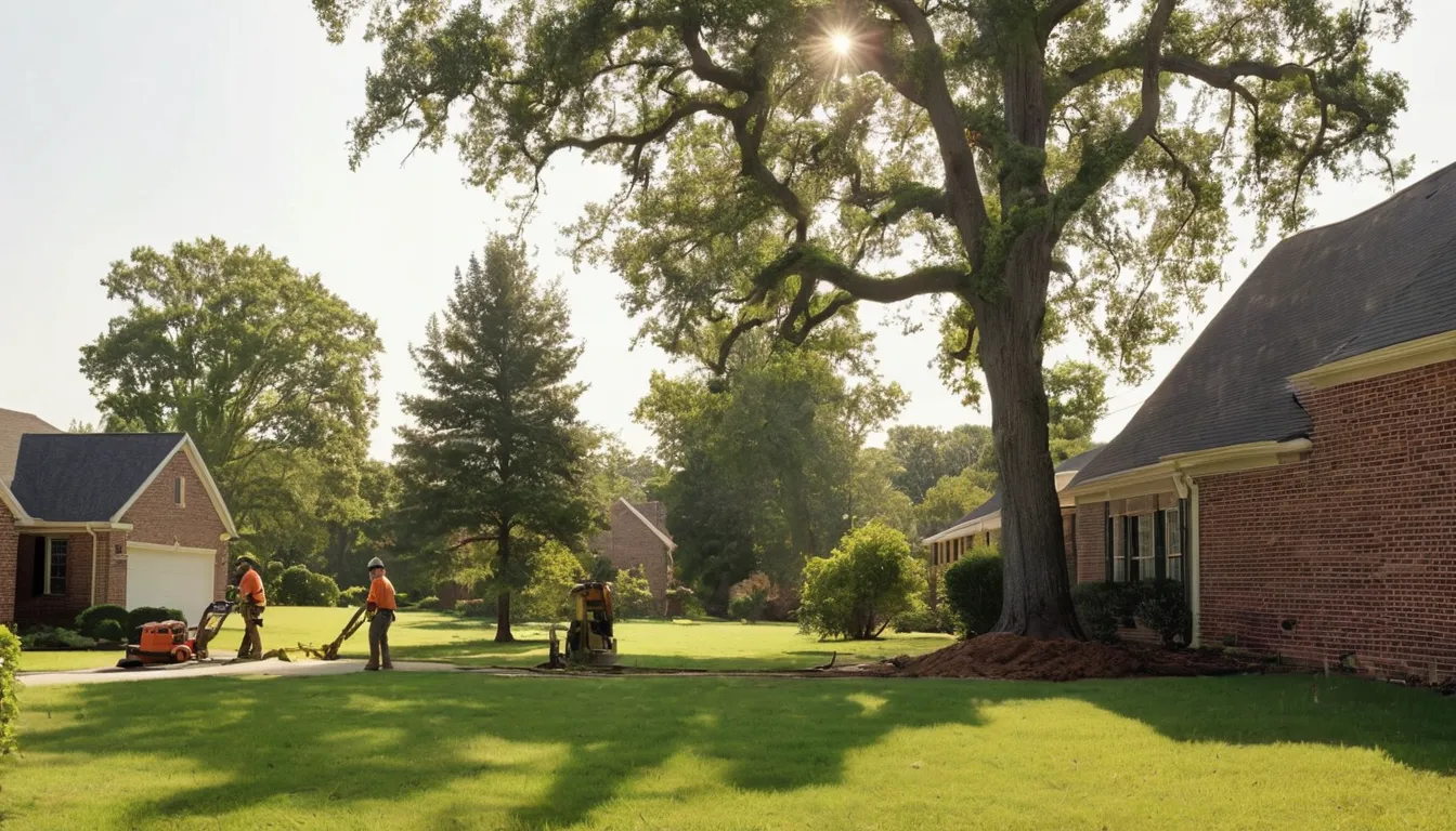 A tree removal provider cutting a large tree in sections in a residential backyard in Hoover